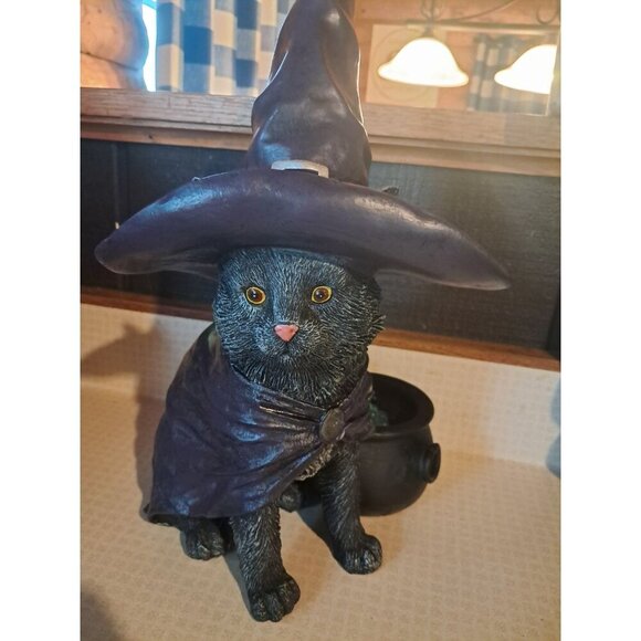 15" Black Cat w/Witch Hat & LED Light Up Cauldron Halloween Prop Figurine Statue - Picture 2 of 3